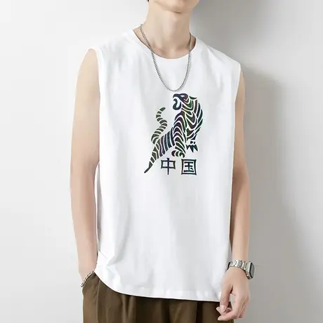 纯棉白色背心男潮夏季运动健身跨栏篮球坎肩国潮老虎印花无袖t恤商品大图