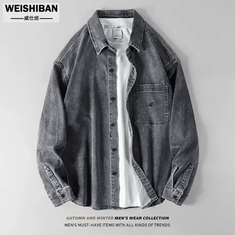 潮牌美式复古水洗做旧牛仔衬衣型外套春秋cleanfit微宽松雅痞衬衣商品大图