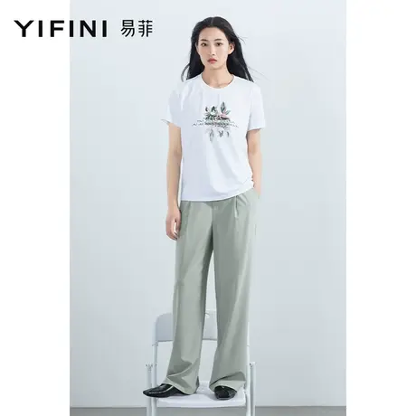 Yifini/易菲宽松垂感休闲直筒长裤女2023夏季新款时尚简约拖地裤商品大图