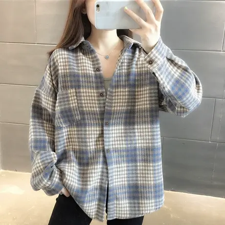 2023新款秋装上衣韩版宽松加厚长袖格子衬衫女复古磨毛衬衣春秋款图片