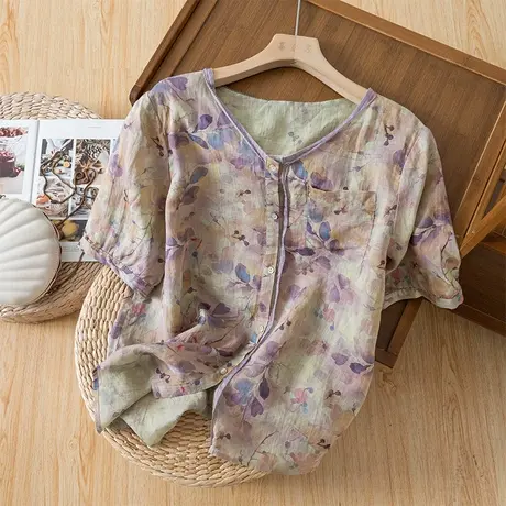 享永子短袖苎麻碎花衬衫女文艺复古棉麻小衫上衣休闲气质2023新款商品大图