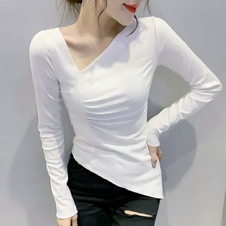 2023春秋新款个性不规则T恤女长袖设计感小众上衣修身内搭打底衫商品大图