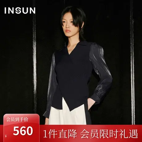 [鎏金系列]恩裳COVER2023秋季新款拼接琉璃光泽感袖子针织上衣女图片