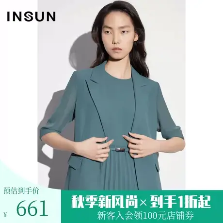 恩裳COVER2023春款新款微透视配色雪纺拼接袖层次感收腰中袖西装图片