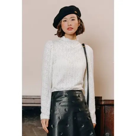 弥古白色木耳边打底衫修身蕾丝衫内搭女秋冬法式半高领针织衫上衣图片