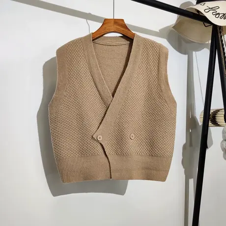 针织马甲开衫女春秋新款复古宽松v领叠穿慵懒风无袖毛衣背心外套商品大图