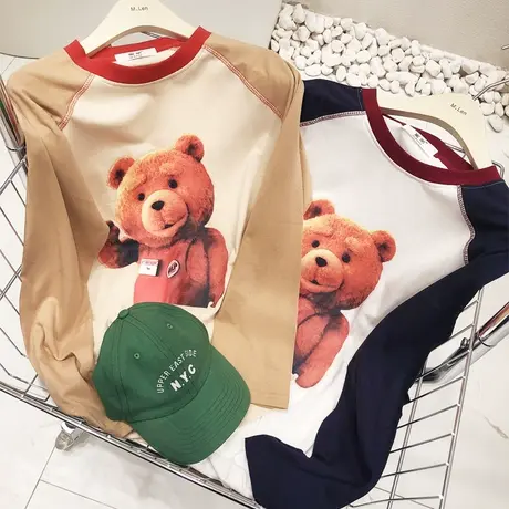 韩国东大门长袖上衣2022早秋新款设计感撞色慵懒风插肩袖T恤宽松图片