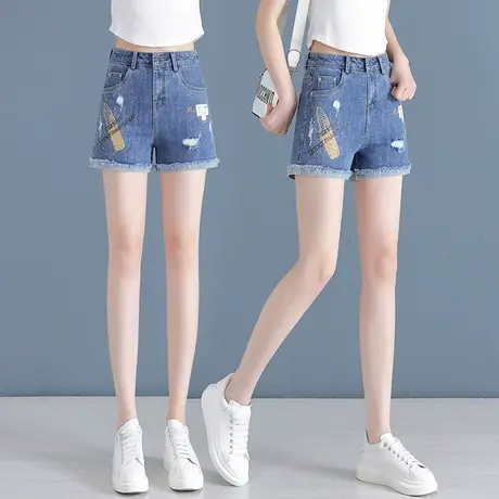 夏季破洞牛仔短裤女薄款2023高腰显瘦毛边阔腿裤时尚宽松外穿热裤商品大图