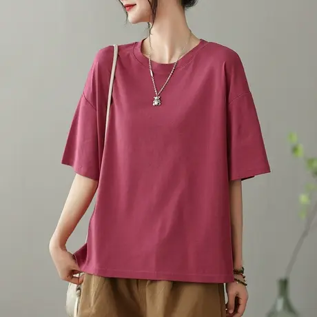 dza复古纯棉短袖T恤女2023夏季薄款圆领打底体恤宽松显瘦套头上衣商品大图