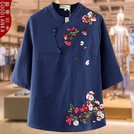 中老年夏装短袖T恤女大码妈妈装宽松遮肚洋气民族风绣花棉麻上衣商品大图