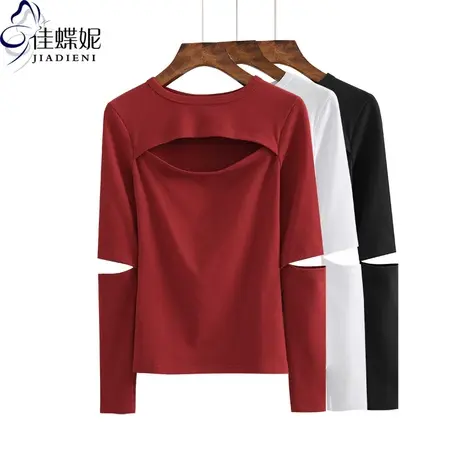 秋冬新款韩版圆领修身纯棉镂空性感纯欲破袖体恤上衣女打底衫长袖商品大图