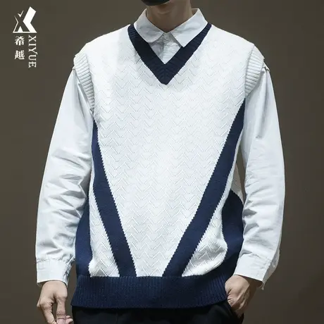希越学院风V领拼色背心毛衣男无袖叠穿外搭针织衫秋季宽松大码潮图片