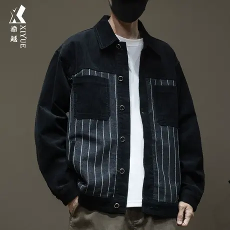 灯芯绒条纹夹克男士翻领潮牌牛仔衣男2023秋冬新款大码牛仔外套黑商品大图