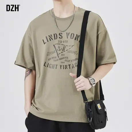 男士卡其色短袖男圆领夏季男装2023新款纯棉t恤美式潮牌半袖体恤商品大图