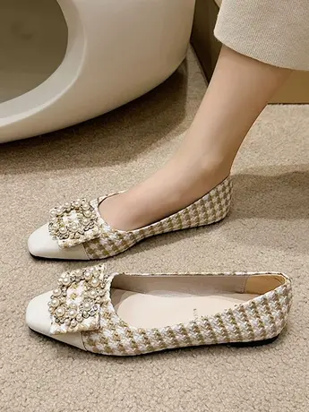 2023秋季新款网红百搭方头浅口温柔晚晚鞋平底小香风单鞋女豆豆鞋商品大图