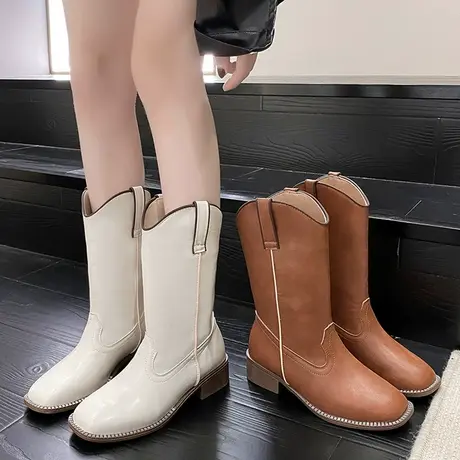 粗跟复古棕色V口瘦瘦西部牛仔靴女靴子2023年新款春秋中筒骑士靴商品大图