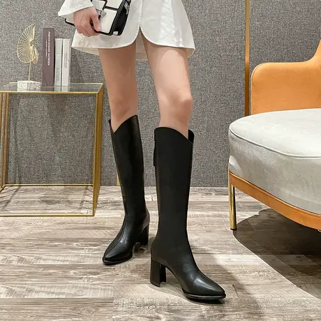 不过膝长筒瘦瘦靴女2023冬季新款软皮粗跟高筒靴时尚百搭加绒长靴商品大图