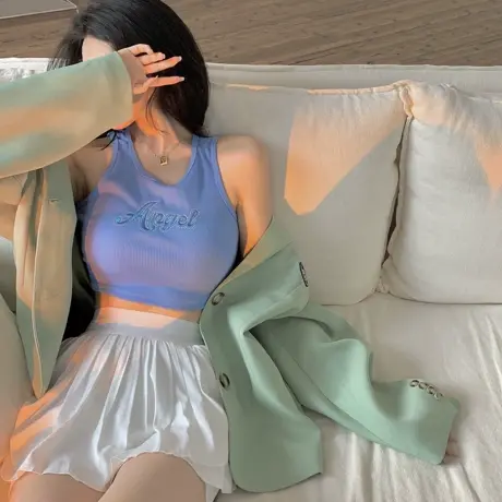辣妹网红吊带背心女夏季ins超火刺绣外穿运动露脐修身短款上衣T恤图片