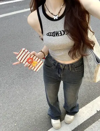 欧货爆款字母吊带背心女夏拼接撞色复古无袖鱼骨辣妹圆领短款上衣商品大图
