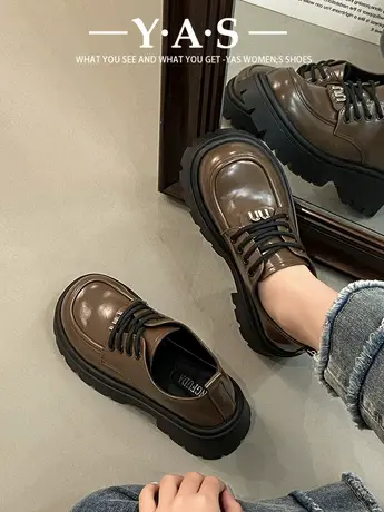 黑色厚底松糕小皮鞋女2024春季复古英伦学院风百搭矮子乐增高单鞋商品大图