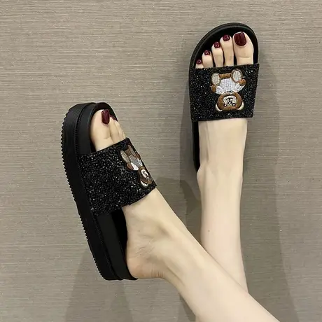 拖鞋女ins潮夏时尚外穿可爱小熊水钻松糕防滑厚底网红沙滩凉拖鞋商品大图