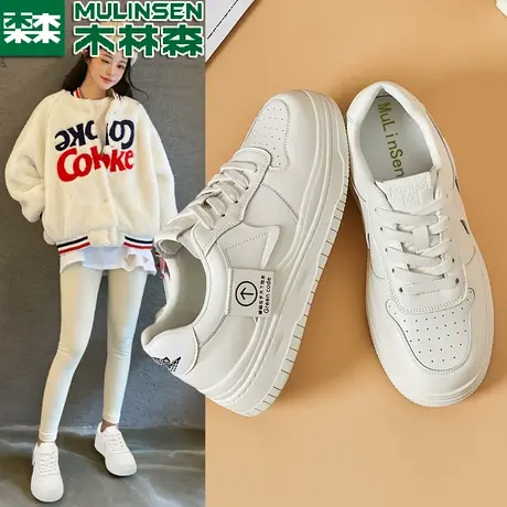 木林森真皮小白鞋女2023秋季新款女鞋ins潮鞋紫百搭休闲运动板鞋商品大图