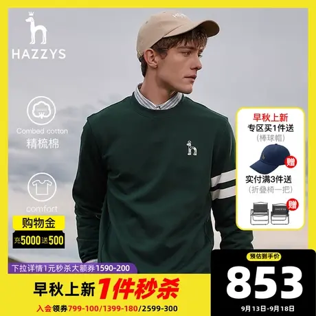 Hazzys哈吉斯秋季新品男士长袖T恤宽松休闲圆领卫衣男潮流上衣图片