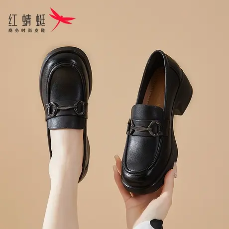红蜻蜓女鞋开春新款厚底增高一脚蹬休闲皮鞋乐福鞋女真皮单鞋夏季图片