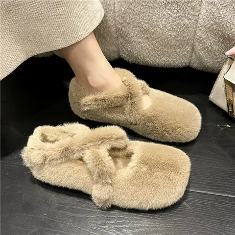 加绒平底毛毛鞋女秋冬外穿一脚蹬玛丽珍棉鞋孕妇加绒交叉豆豆单鞋图片
