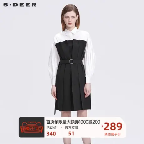 sdeer圣迪奥女装翻领肌理压褶收腰不规则衬衫连衣裙S21481219图片