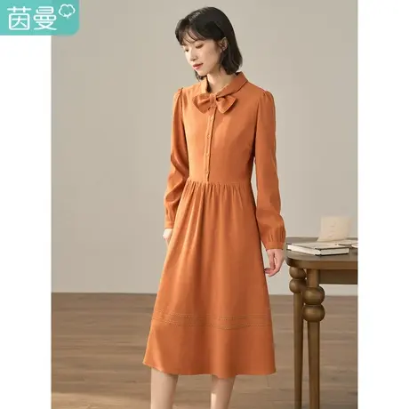 【商场同款】茵曼2023冬女装新款腰部收褶系带领精致绣花连衣裙商品大图