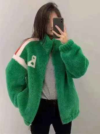 网红撞色仿羊羔毛外套女冬季新款韩版宽松百搭加厚上衣小个子棉服图片