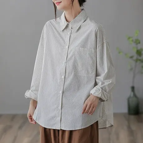 dza 复古白黑竖条纹长袖衬衫女春秋新款polo领衬衣休闲宽松短上衣图片