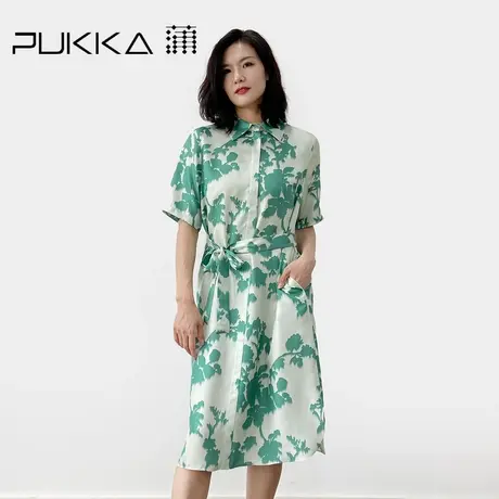 蒲PUKKA 2023夏季新品江南水乡精致系带收腰法式真丝印花连衣裙图片