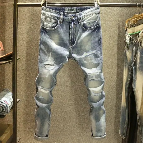 美式复古修身牛仔裤男阿美咔叽做旧休闲长裤潮牌破洞男士直筒裤子商品大图