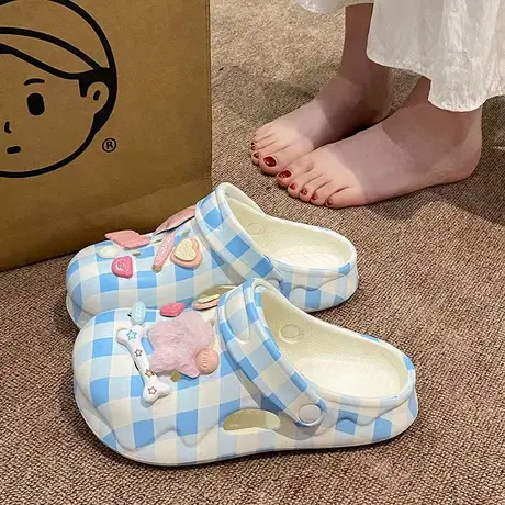 厚底踩屎感洞洞鞋女夏季可爱格子星星沙滩防滑eva外穿包头凉拖鞋图片