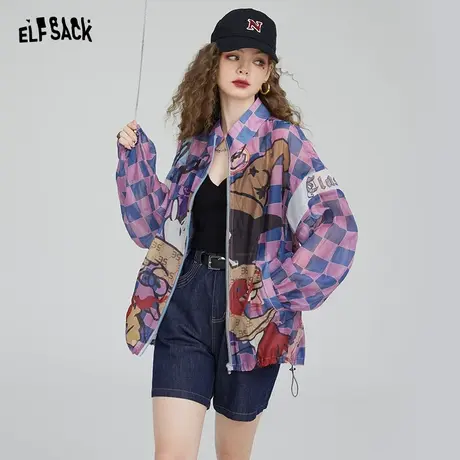妖精的口袋美式轻薄防晒衣外套女2023秋新款宽松印花运动夹克外套图片
