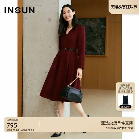 INSUN恩裳专选秋季安可拉红压褶法式收腰连衣裙图片