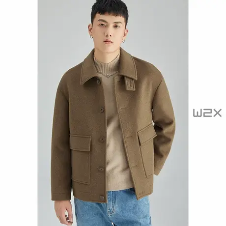 w2x冬季羊毛呢大衣男短款夹克时尚简约设计感男装上衣翻领外套潮商品大图