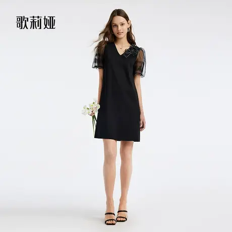 歌莉娅显瘦小黑裙女夏季泡泡袖针织气质黑色短袖连衣裙1B5R4H600商品大图