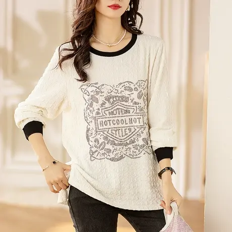 秋季新款长袖T恤女宽松加肥大码女装中年妈妈休闲百搭显瘦打底衫商品大图