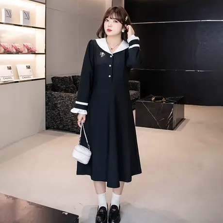 大码女装连衣裙2023年秋季新款减龄长款气质小黑裙显瘦遮肉胖mm商品大图