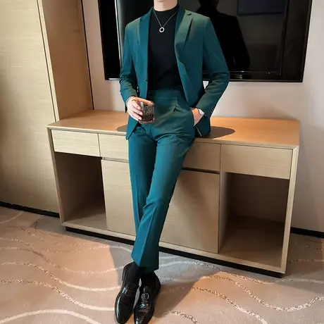 墨绿色小西装男修身垂感外套潮流痞帅两粒扣西服搭那不勒斯高腰裤商品大图