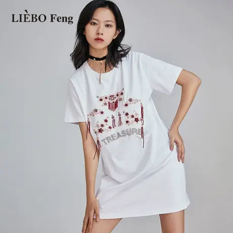 裂帛LIEBOFeng商场同款2023年春夏国潮刺绣复古烫钻短袖T恤连衣裙图片
