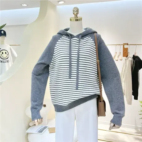内搭宽松显瘦保暖舒适条纹拼色春秋冬韩版针织衫连帽毛衣女帽衫图片