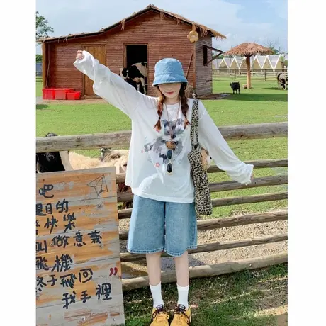 白色小狗印花长袖t恤女夏季2025新款美式复古宽松薄款罩衫上衣ins图片