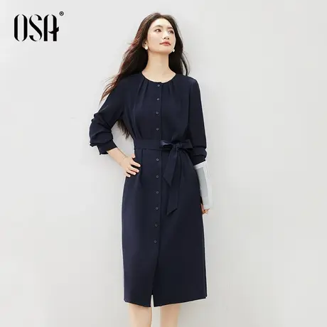 OSA欧莎法式风琴褶圆领连衣裙女2025秋季新款高级感收腰显瘦长裙图片
