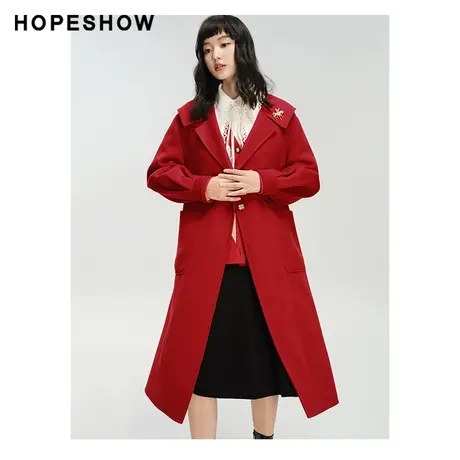 红袖outlets灯笼袖翻领双面呢大衣hopeshow2023冬新年红长款外套商品大图