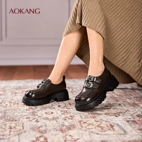 奥康 女鞋2025秋季乐福鞋JK配裙增高双扣魔术贴厚底门店发货图片
