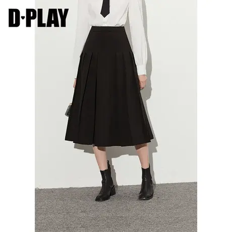 DPLAY2023秋新英伦学院风经典黑高腰中长款百褶裙A字半身裙图片